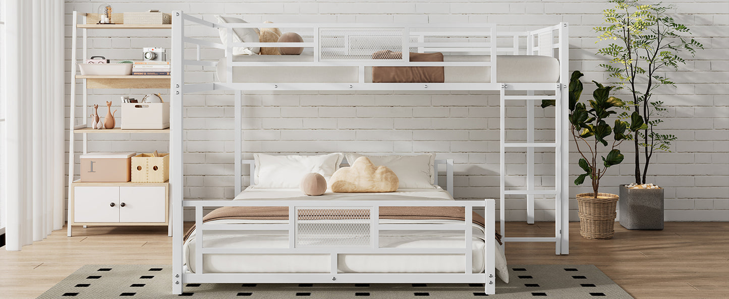 White metal triple bunk bed with ladder and guardrails for kids room