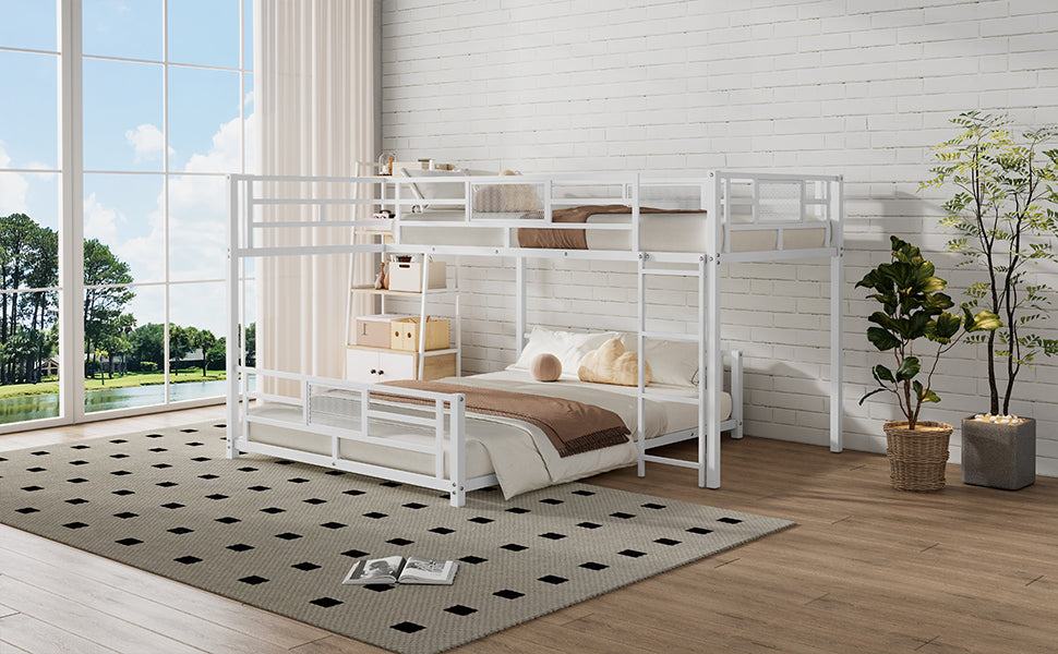White metal bunk bed with ladder and storage shelves modern design