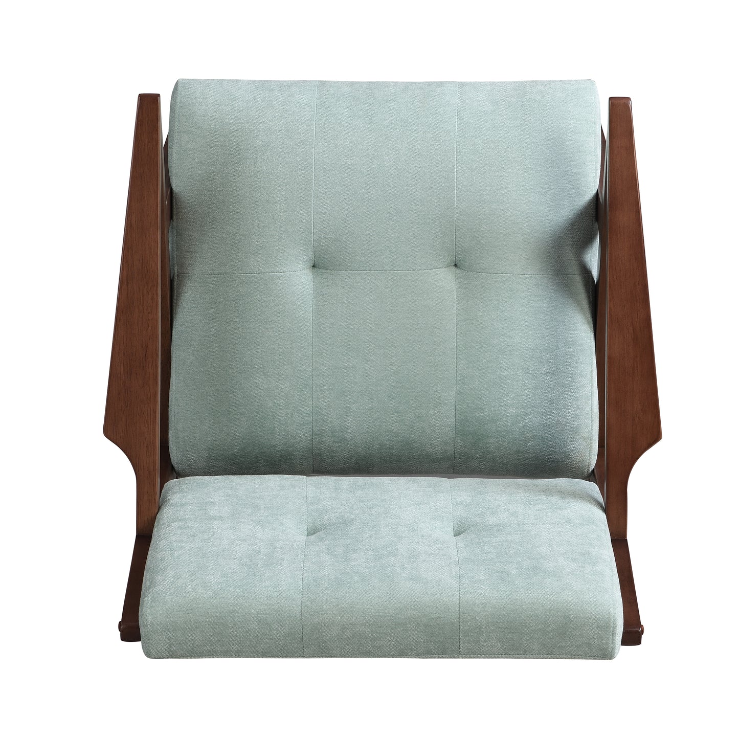 Light blue tufted armchair with dark wood frame ideal for modern living rooms