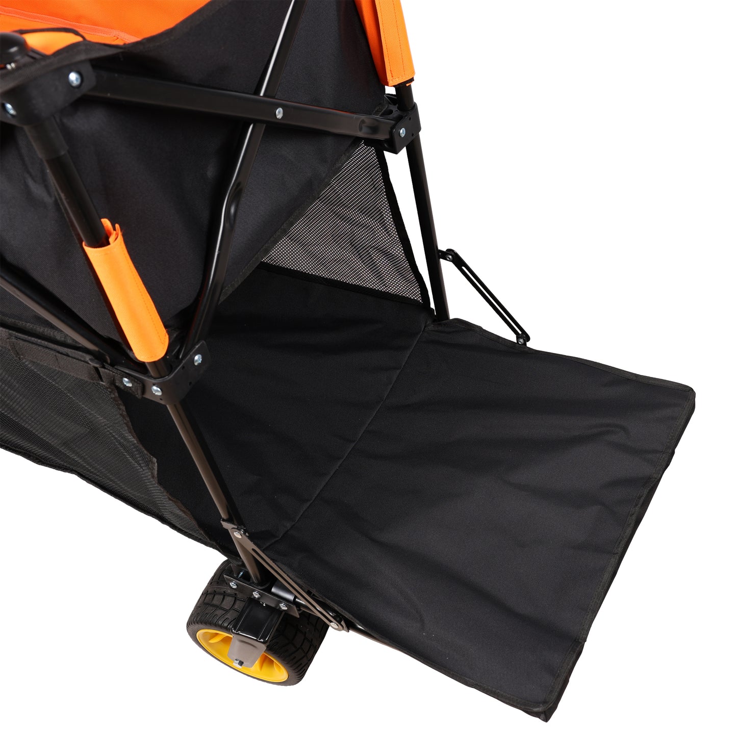 Orange and black collapsible wagon with sturdy black frame and mesh sides ideal for outdoor transport