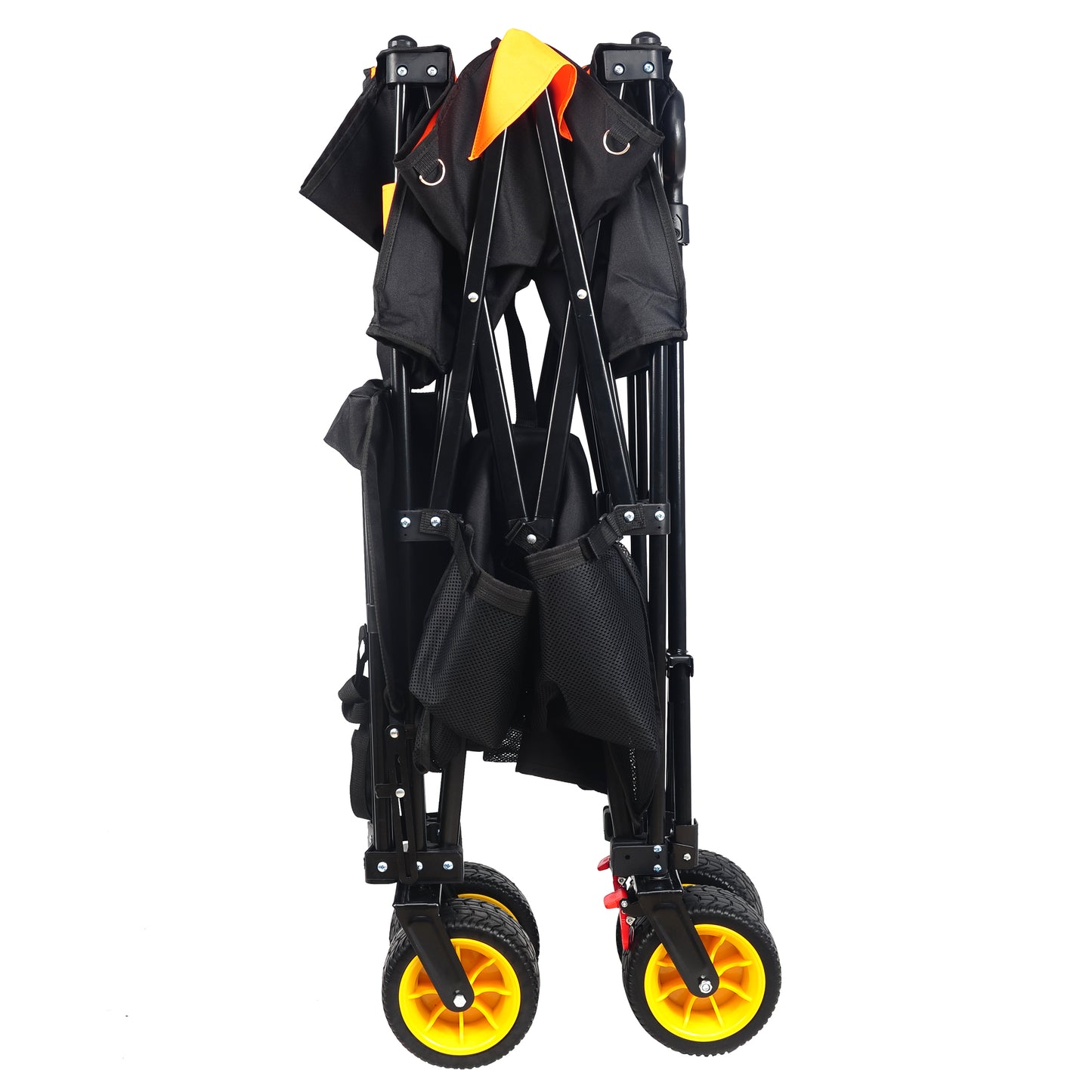 Black folding wagon with orange accents and yellow wheels ready for outdoor use