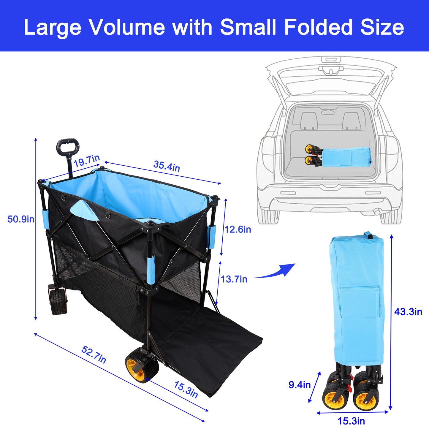 Black and blue collapsible utility wagon with yellow wheels ideal for camping and beach trips