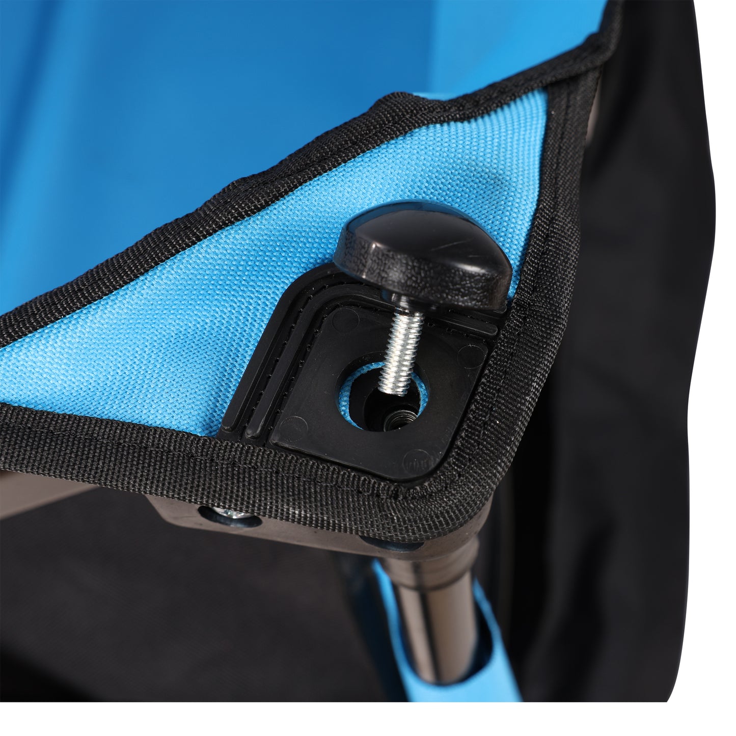 Closeup of blue fabric camping chair with black adjustable knob and metal screw