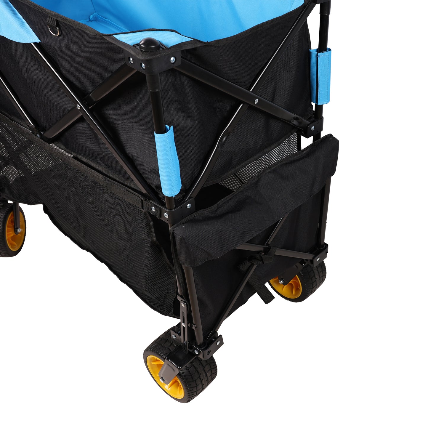 Blue and black folding wagon with durable black mesh sides and yellow wheels for easy transport