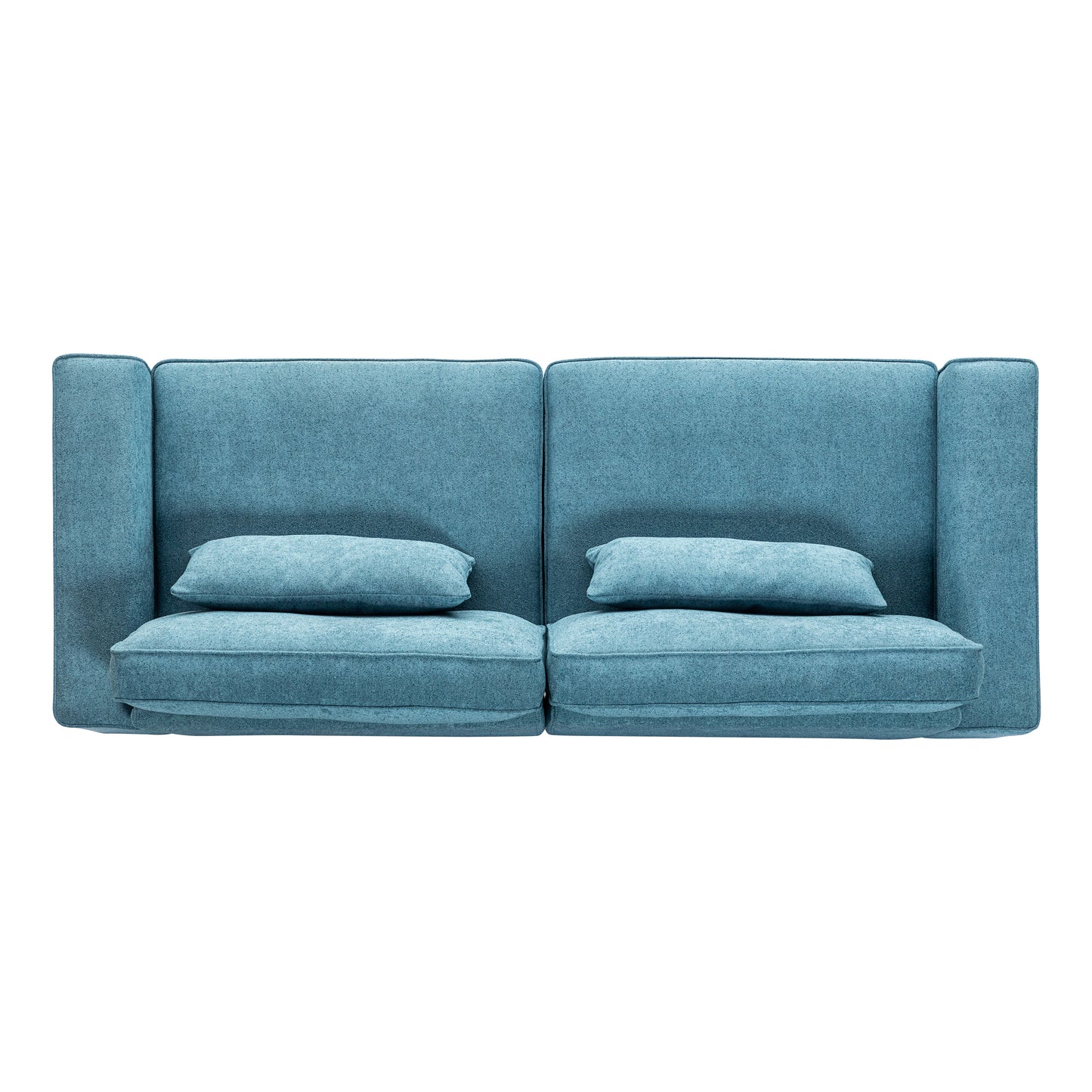 Teal fabric sofa with two seat cushions and two back cushions modern minimalist design