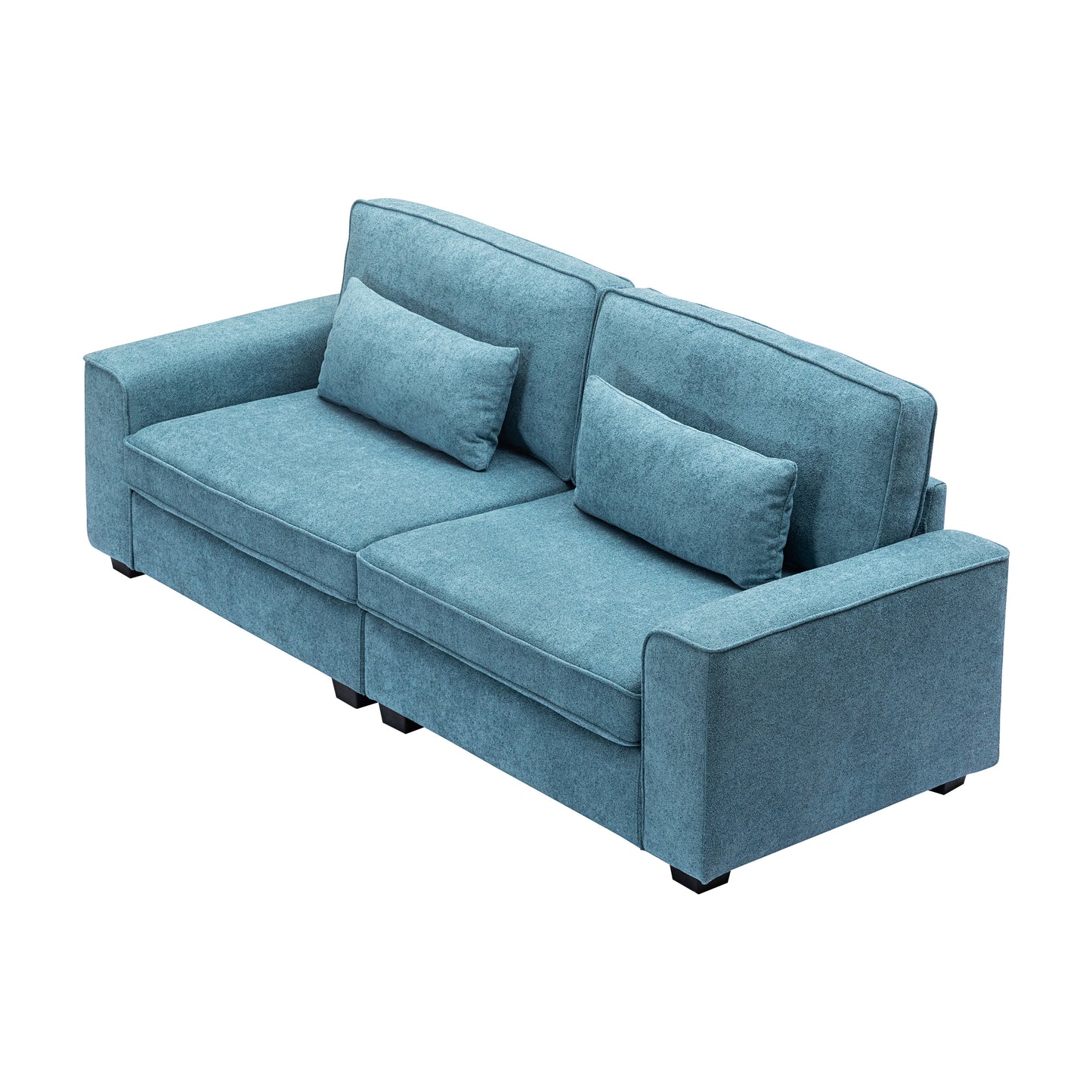 Modern teal fabric sofa with two matching throw pillows for living room comfort
