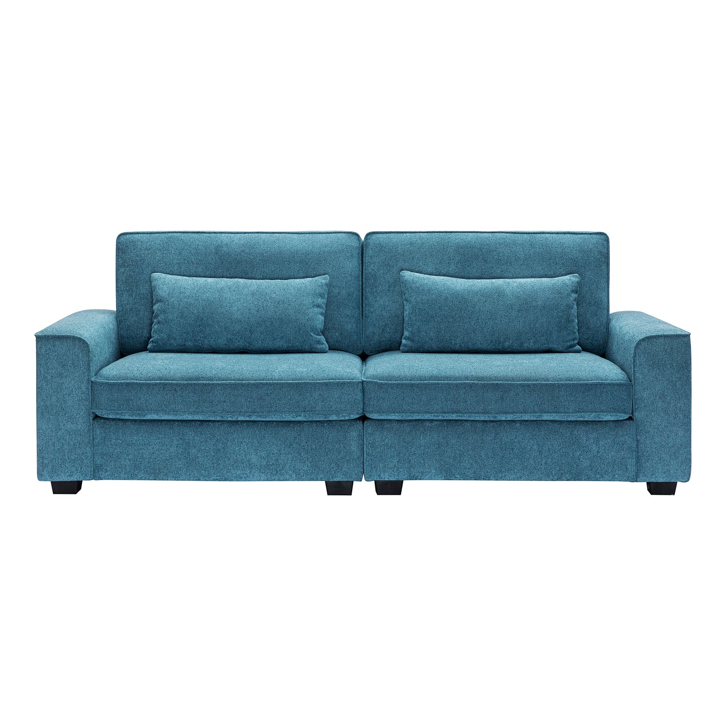 Modern teal fabric sofa with two matching accent pillows and black wooden legs