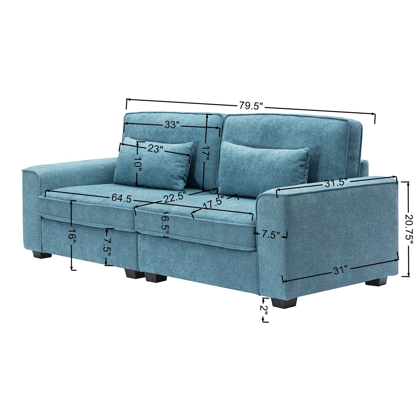 Teal upholstered sofa with two accent pillows wide perfect for modern living rooms