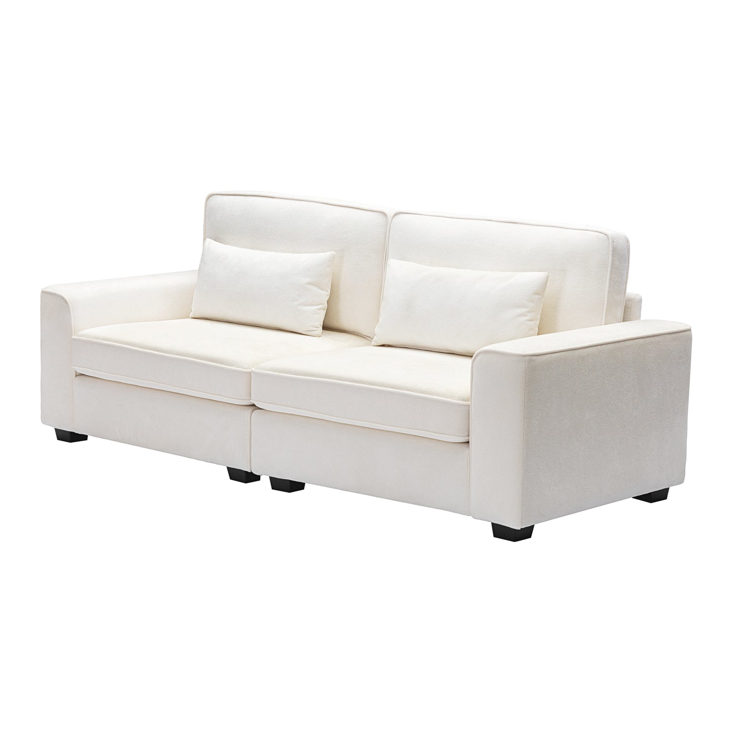 Modern offwhite upholstered sofa with two accent pillows for living room comfort
