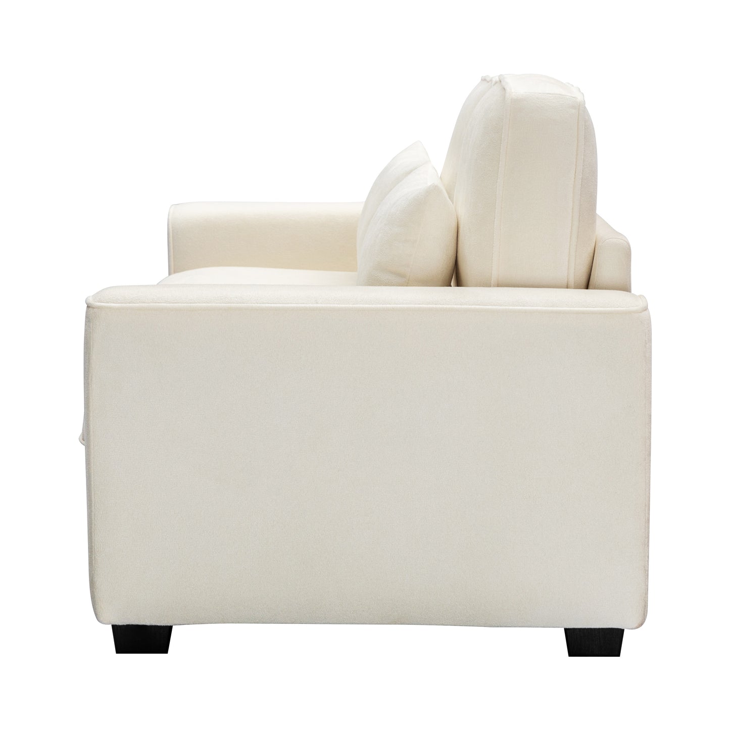 Cream boucle fabric armchair with plush back and seat cushions and black wooden legs