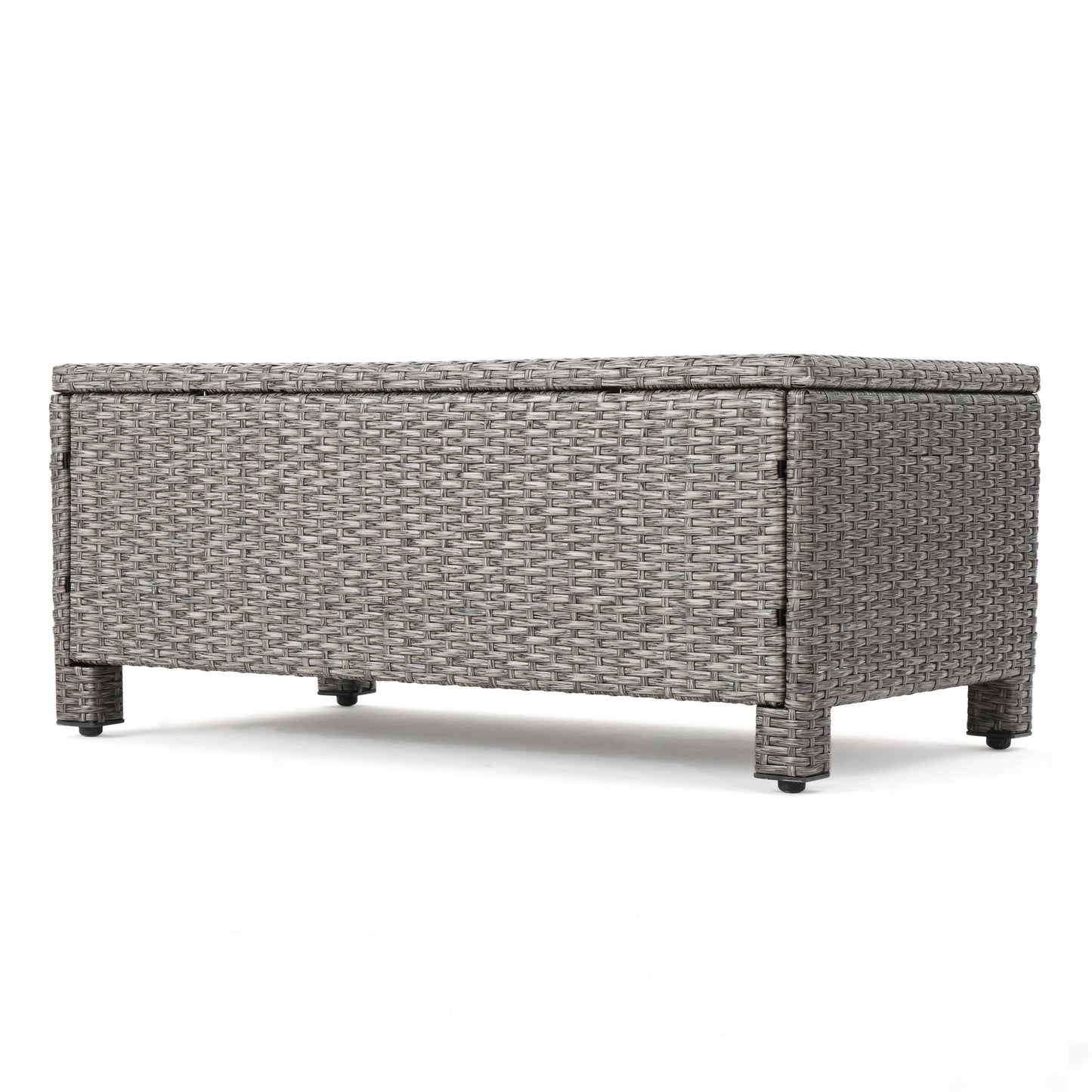 Gray wicker outdoor storage chest with lid and four legs