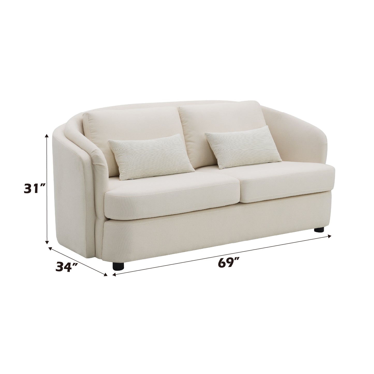 Cream fabric loveseat sofa with rolled arms and two decorative pillows W x D x H