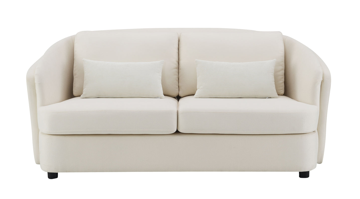 Cream upholstered loveseat with two striped throw pillows and curved arms for modern living rooms