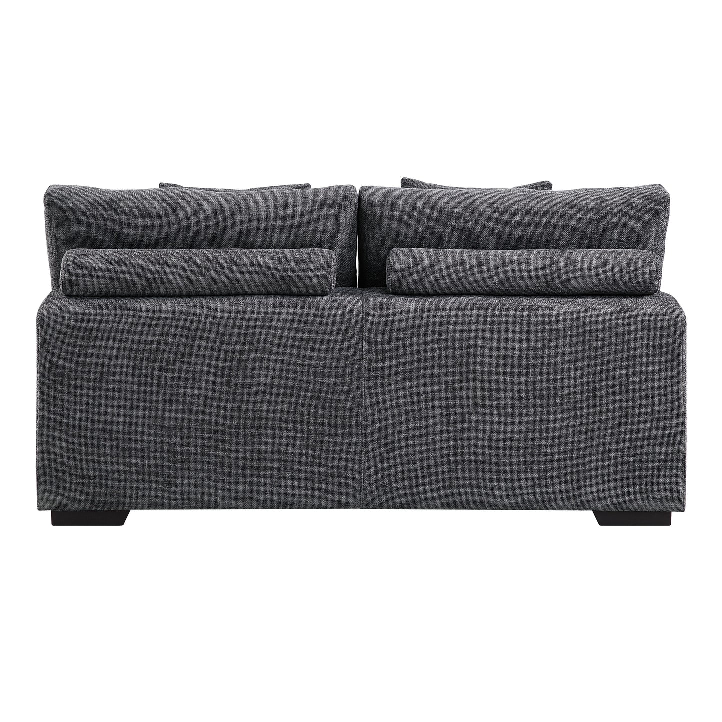 Dark grey fabric sofa with deep seating and two bolster pillows modern living room furniture