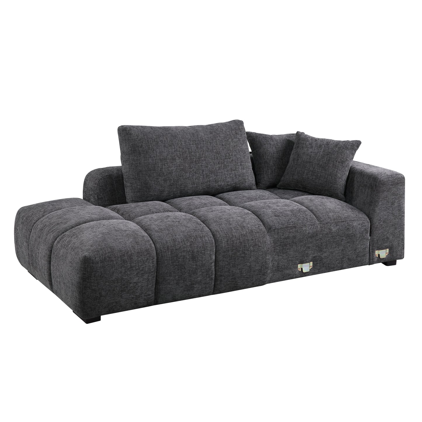 Modern charcoal grey fabric sectional sofa with tufted cushions and two accent pillows