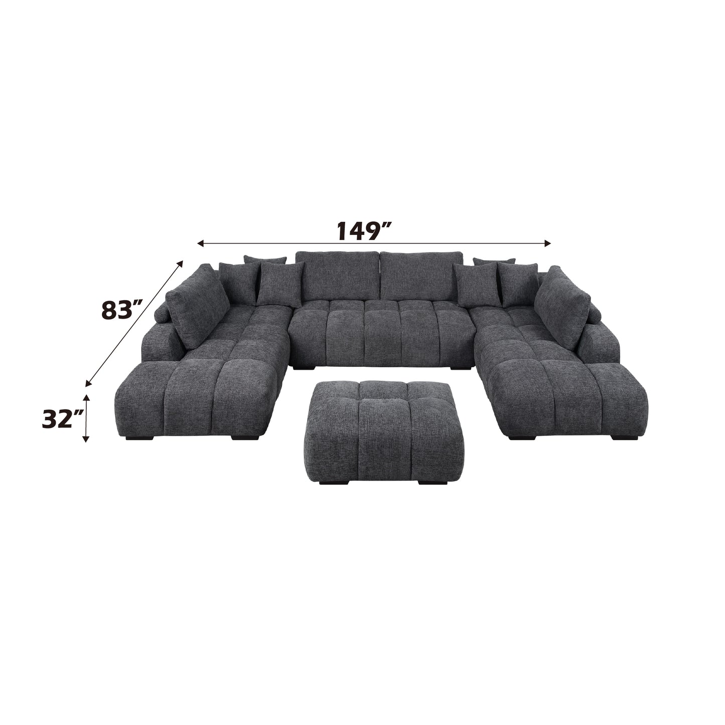 Dark gray tufted Ushaped sectional sofa with matching ottoman fabric upholstery