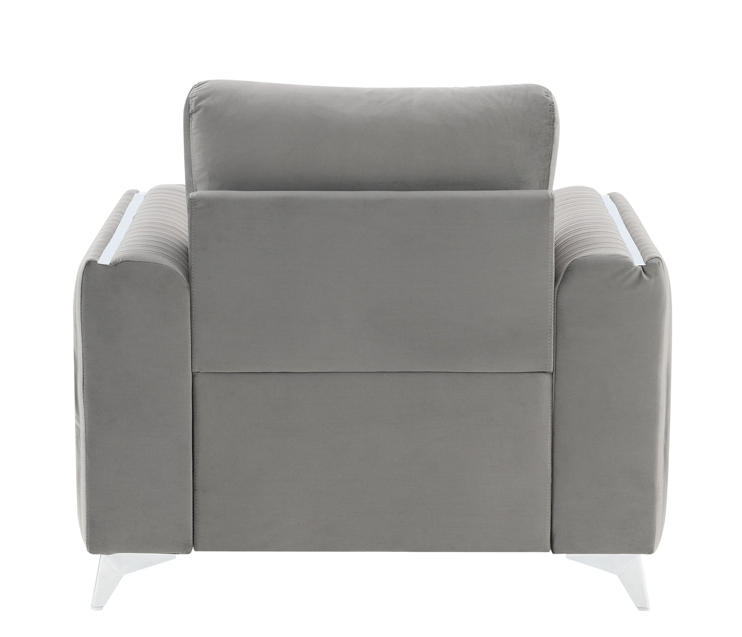 Gray velvet accent chair with modern white legs and chrome trim