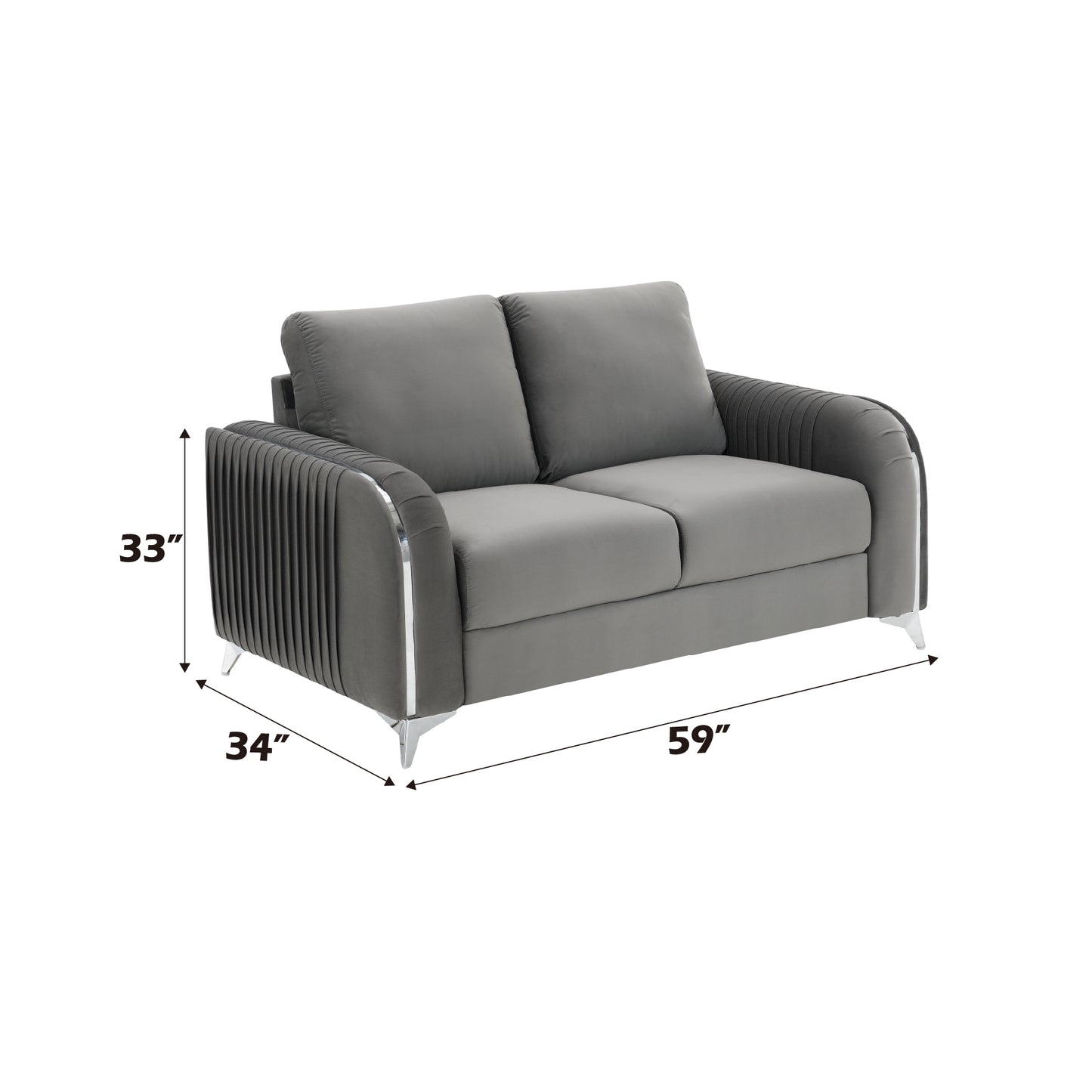 Gray velvet loveseat with pleated arms and silver legs inches wide