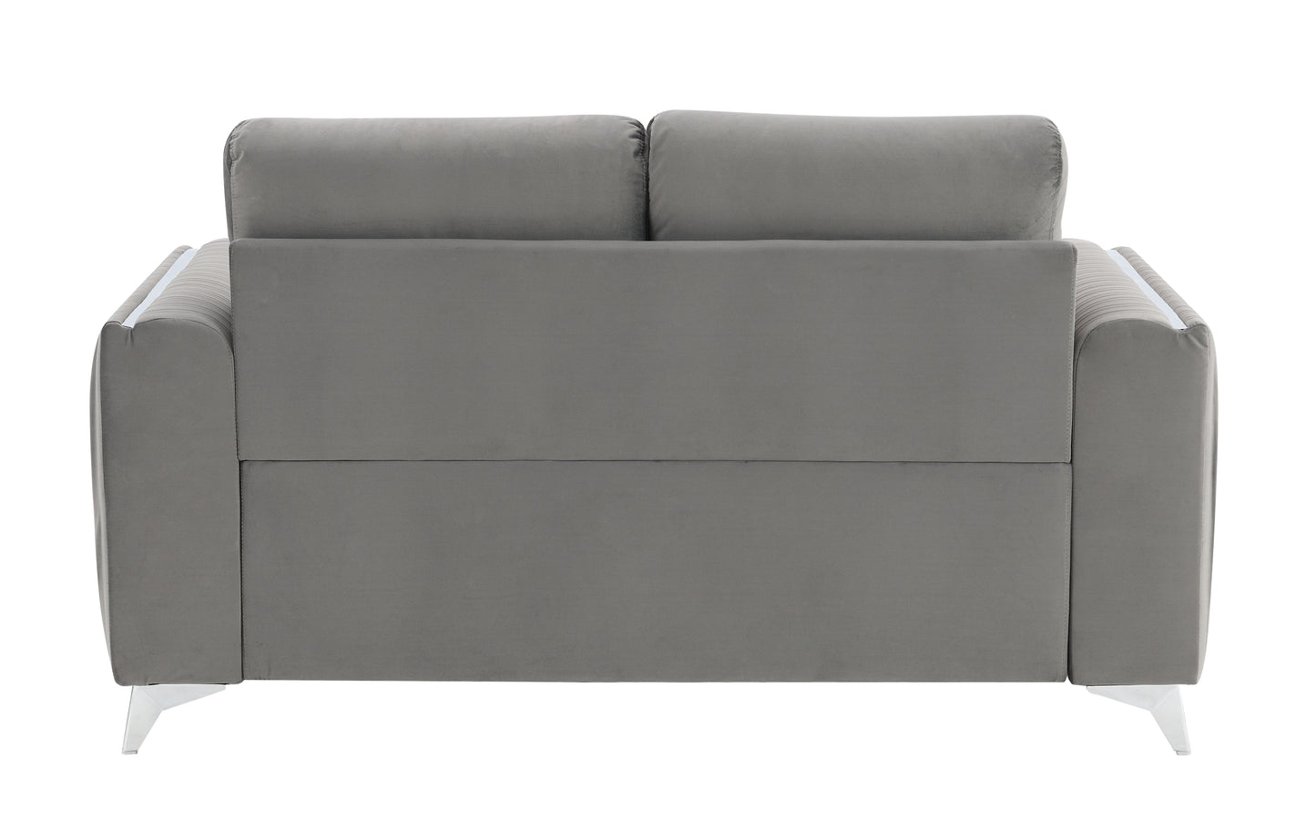 Back view of a plush grey velvet loveseat with modern chrome legs