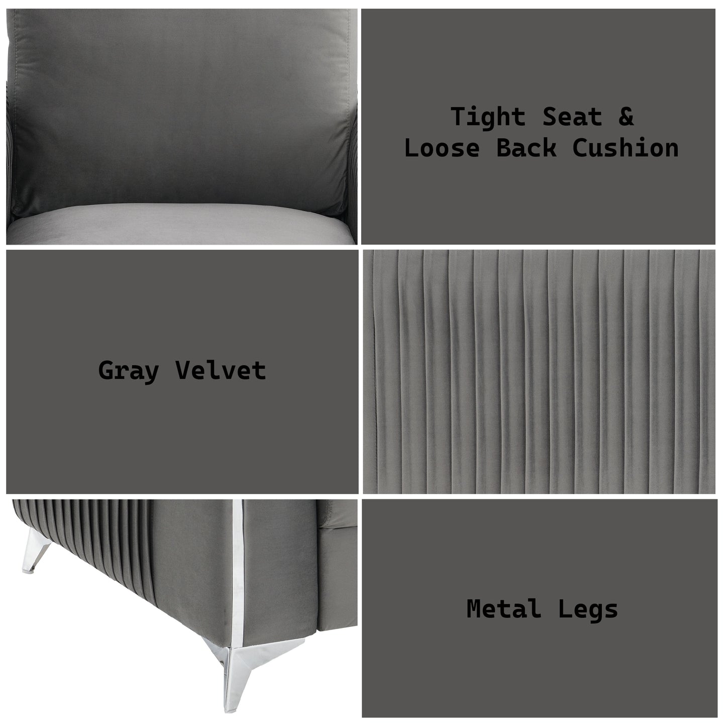 Gray velvet couch with a tight seat and loose back cushion for comfort