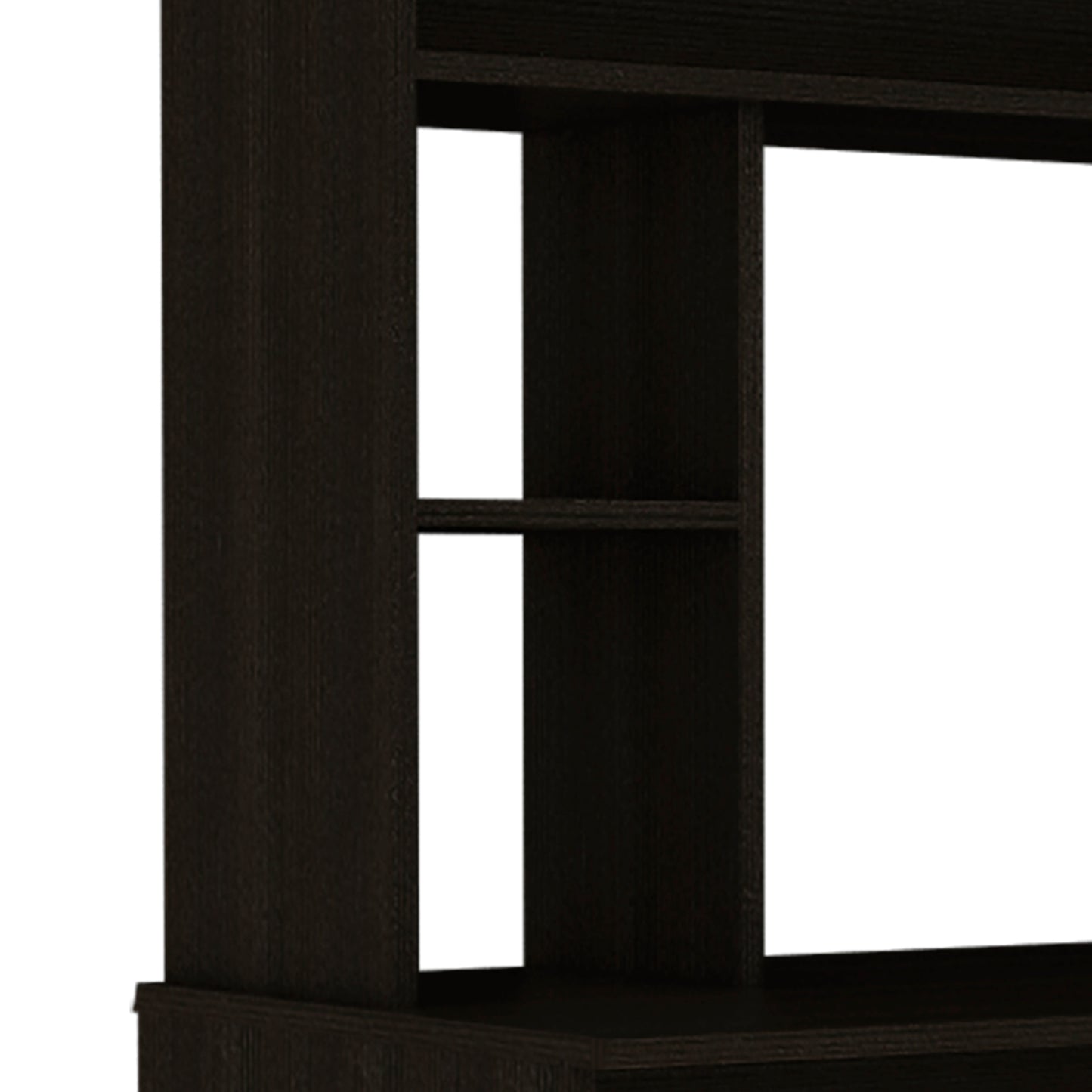 Dark wood shelving unit with two open compartments for storage