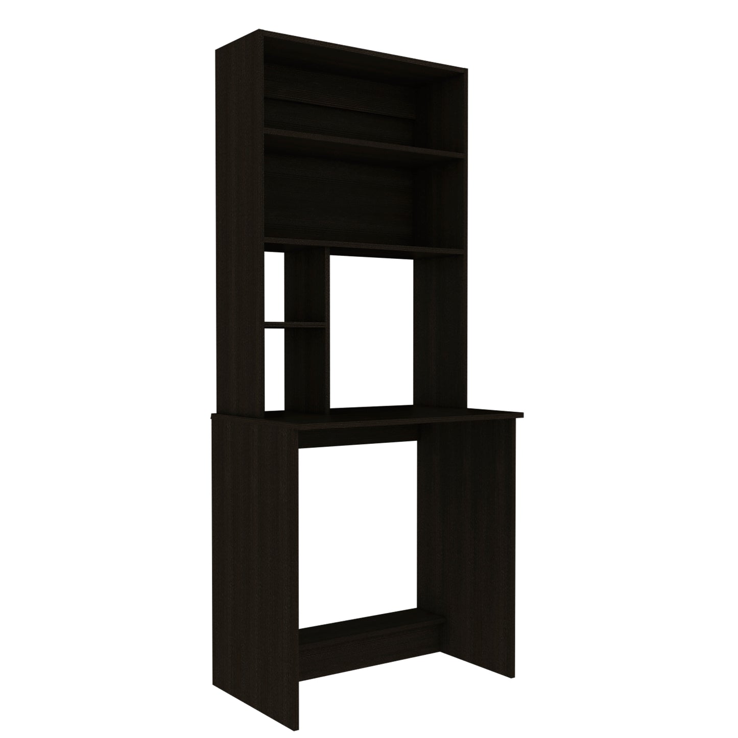 Dark brown wooden computer desk with hutch and open shelving