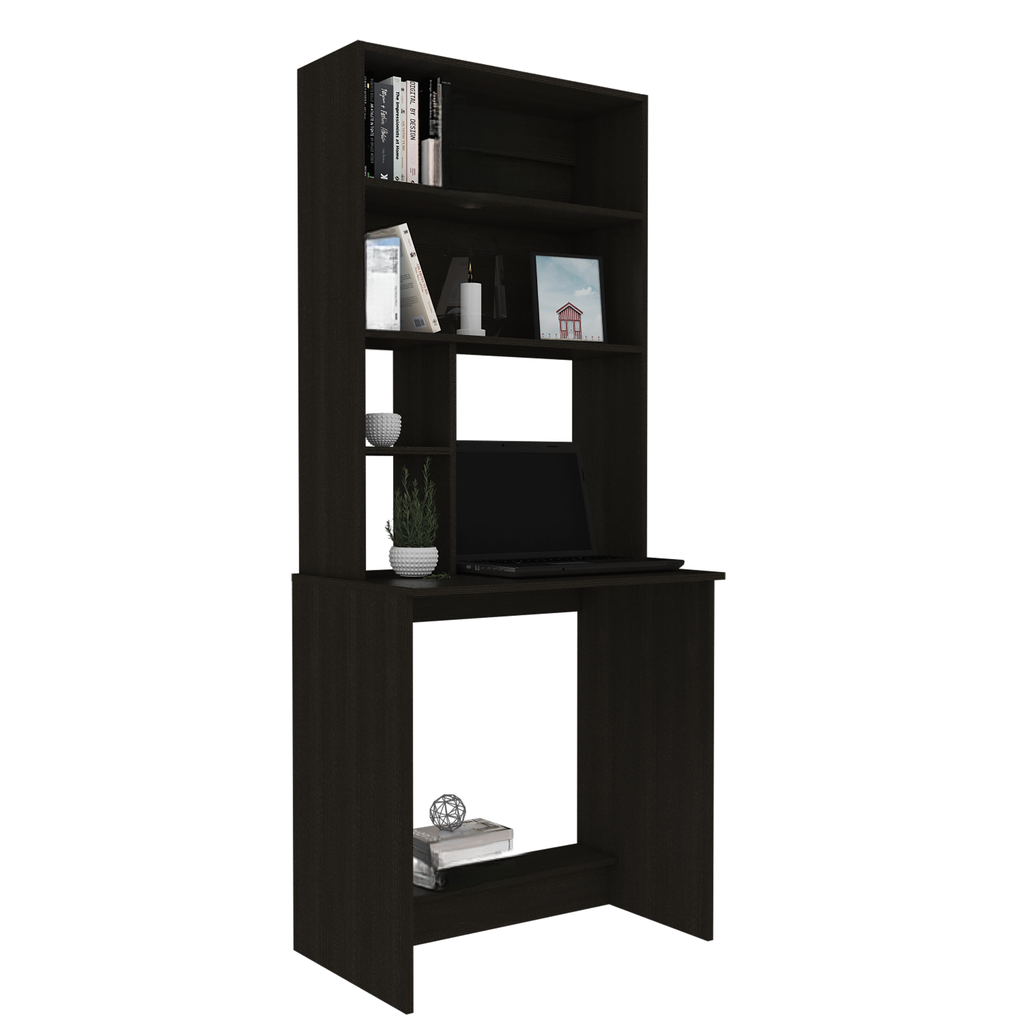 Dark espresso wood computer desk with a hutch and shelves holding books and a laptop