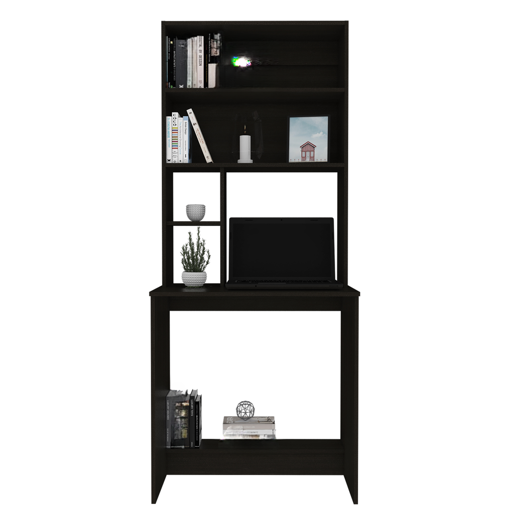 Dark wood computer desk with hutch and shelves featuring books and a laptop