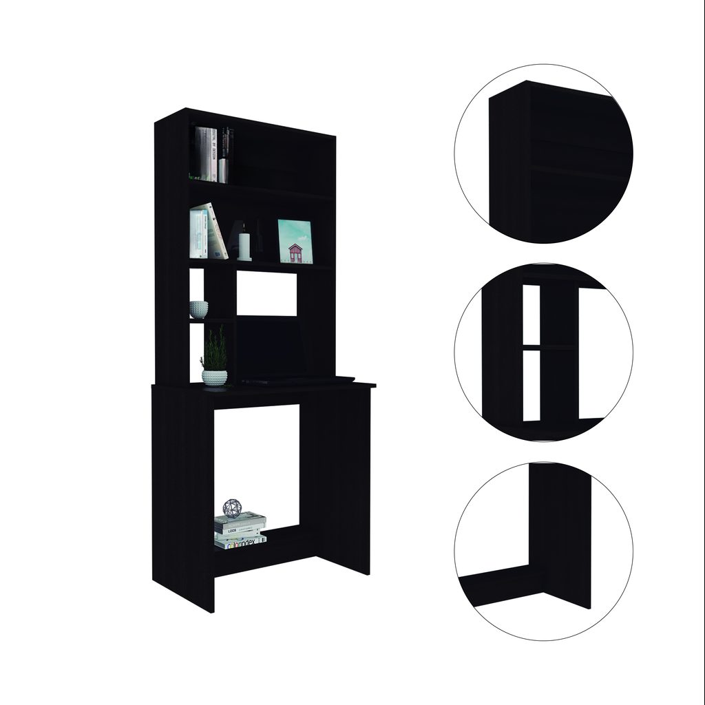 Black computer desk with hutch and multiple shelves for home office organization