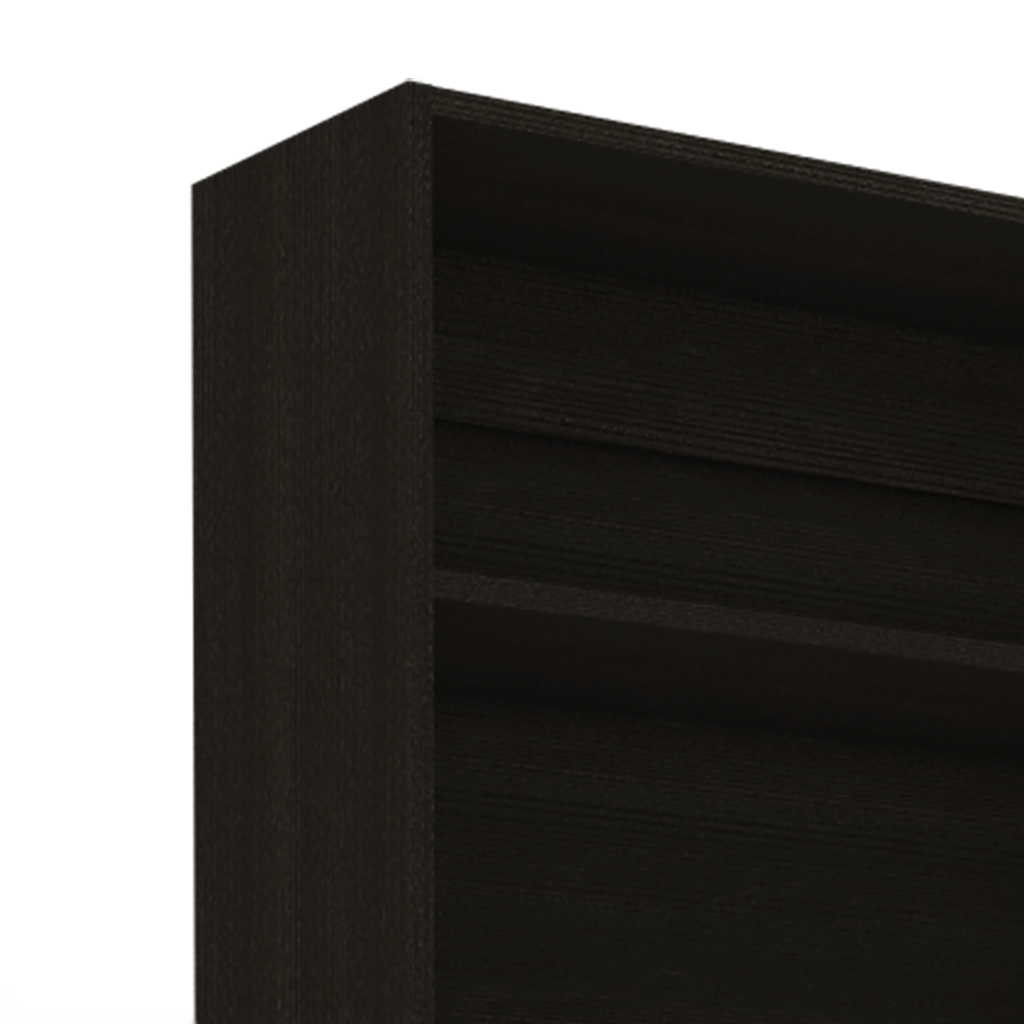 Dark brown wood grain bookshelf edge with visible shelves