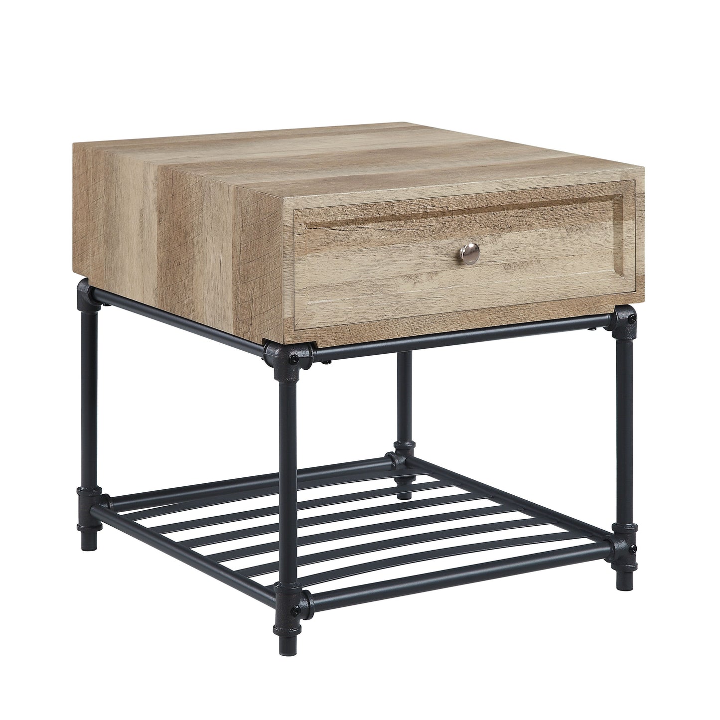 Rustic oak end table with one drawer and metal pipe legs ideal for industrial decor