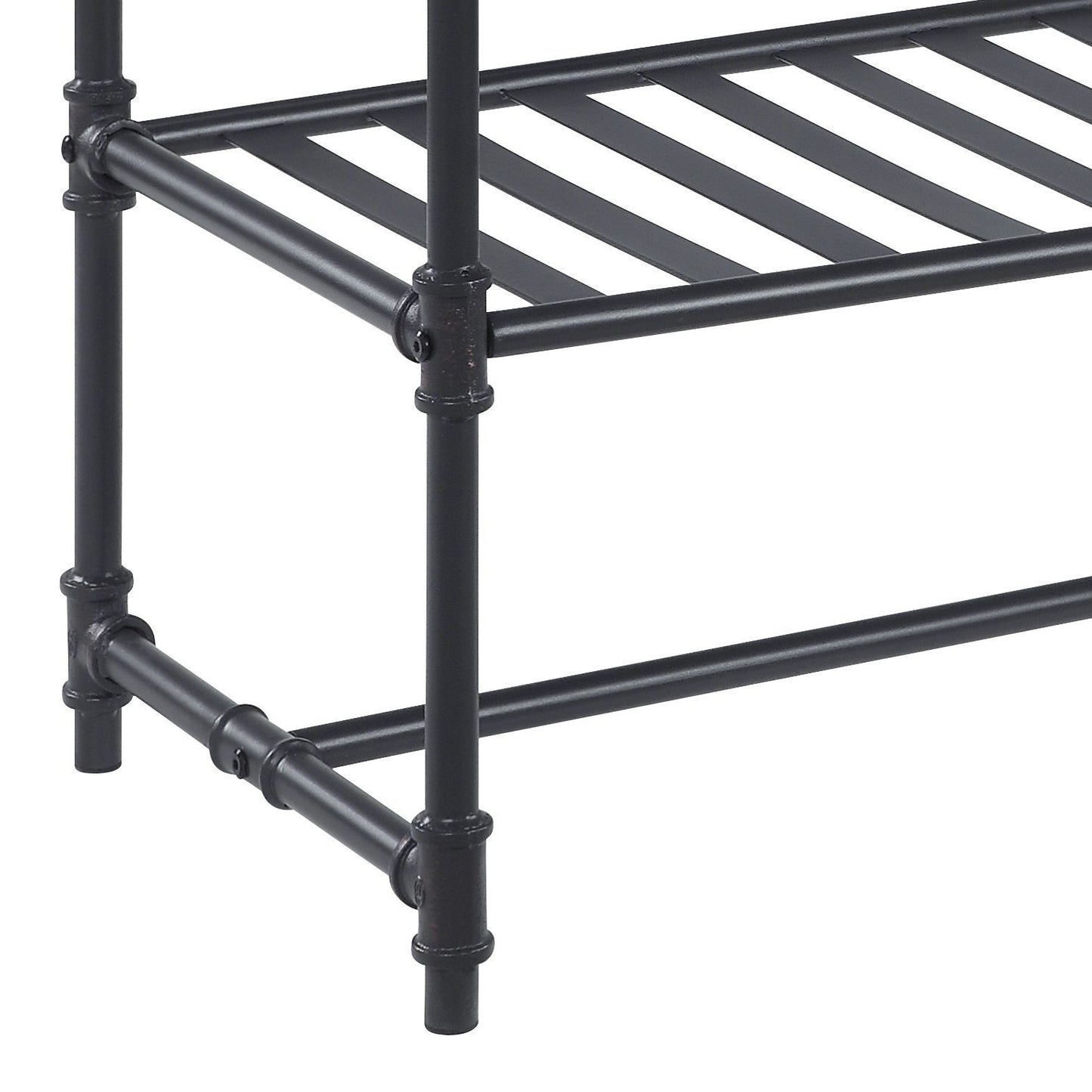 Black metal pipe shelving unit with slatted shelves for industrial decor
