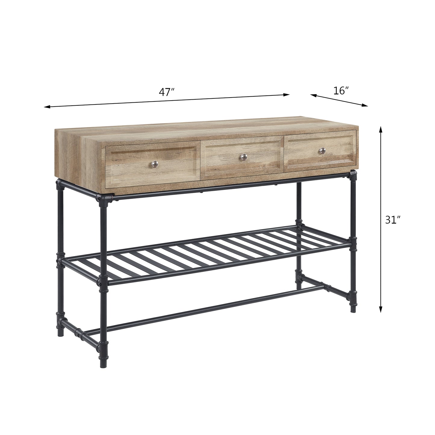 Rustic wood console table with three drawers and metal pipe base shelf