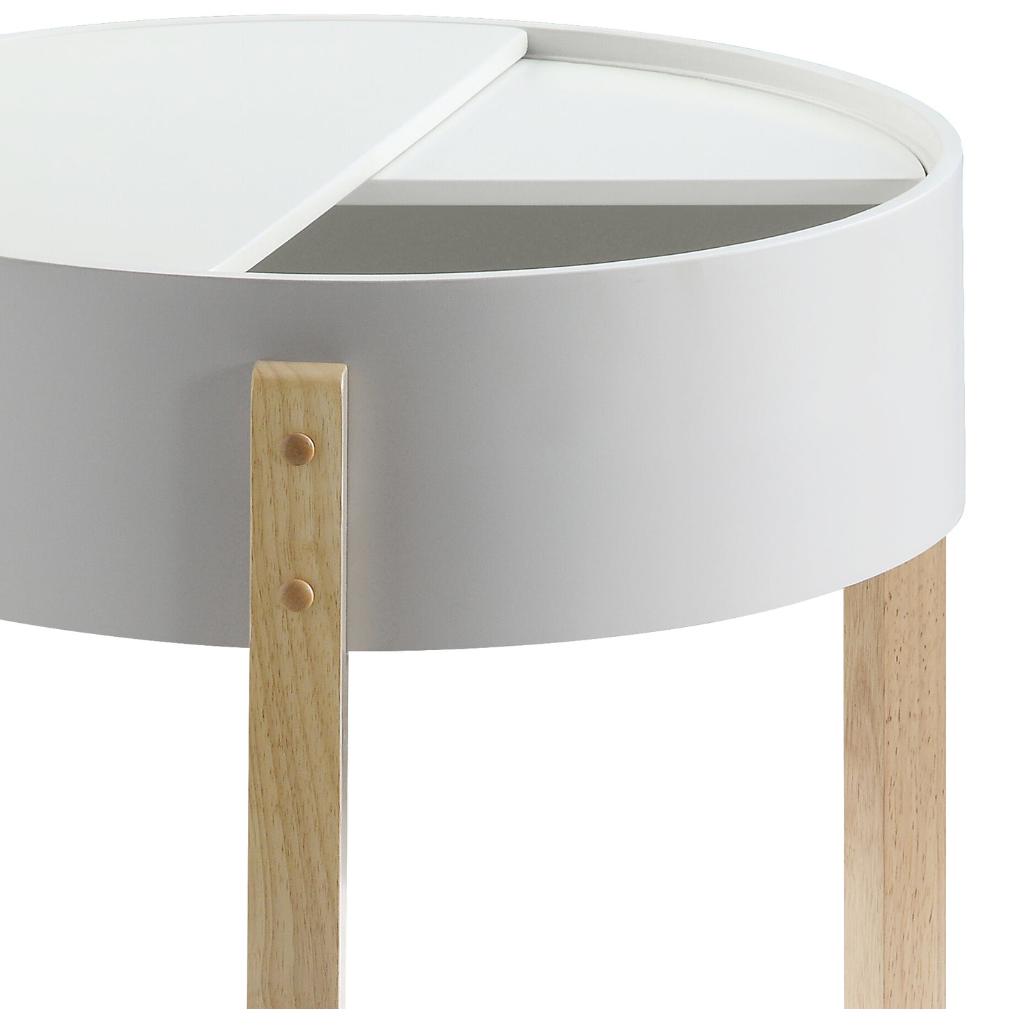 White circular accent table with natural wood legs and a duallevel top