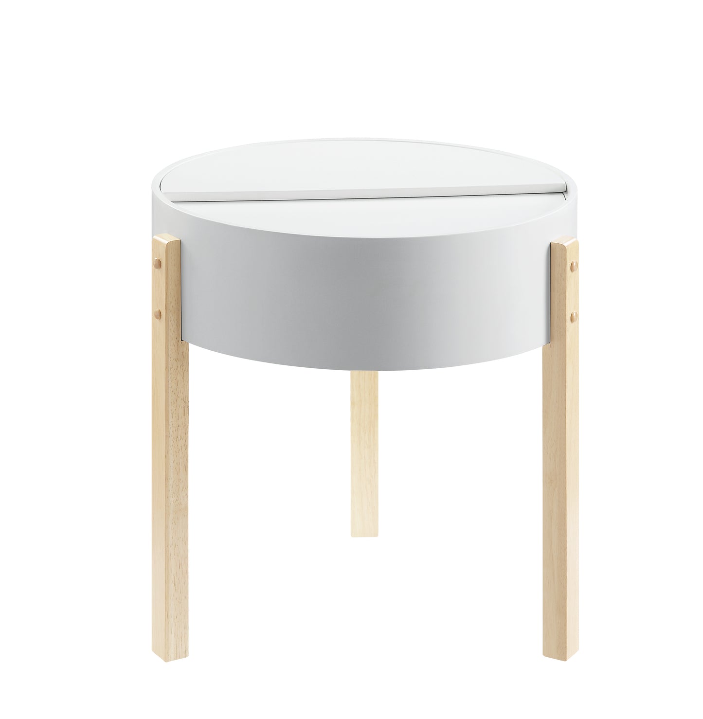 Light gray modern bedside table with natural wood legs