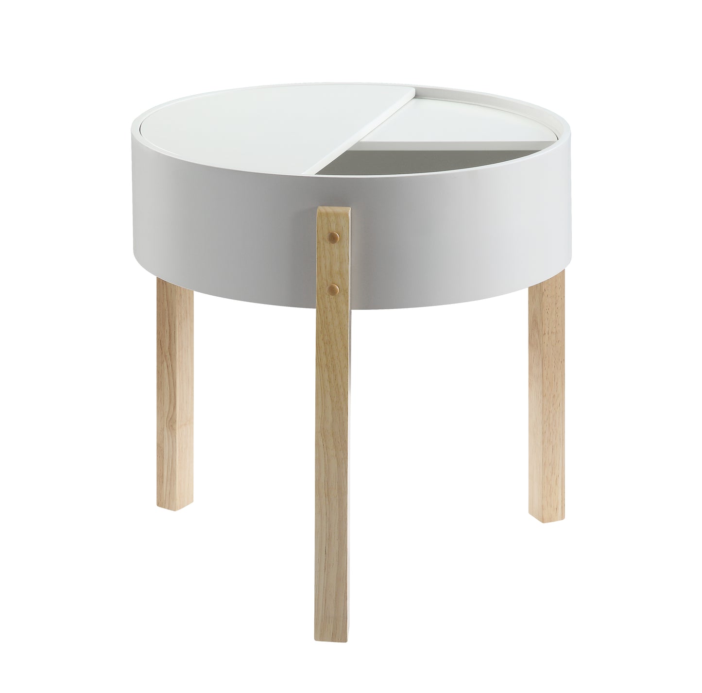 Modern white round side table with light wood legs and duallevel top