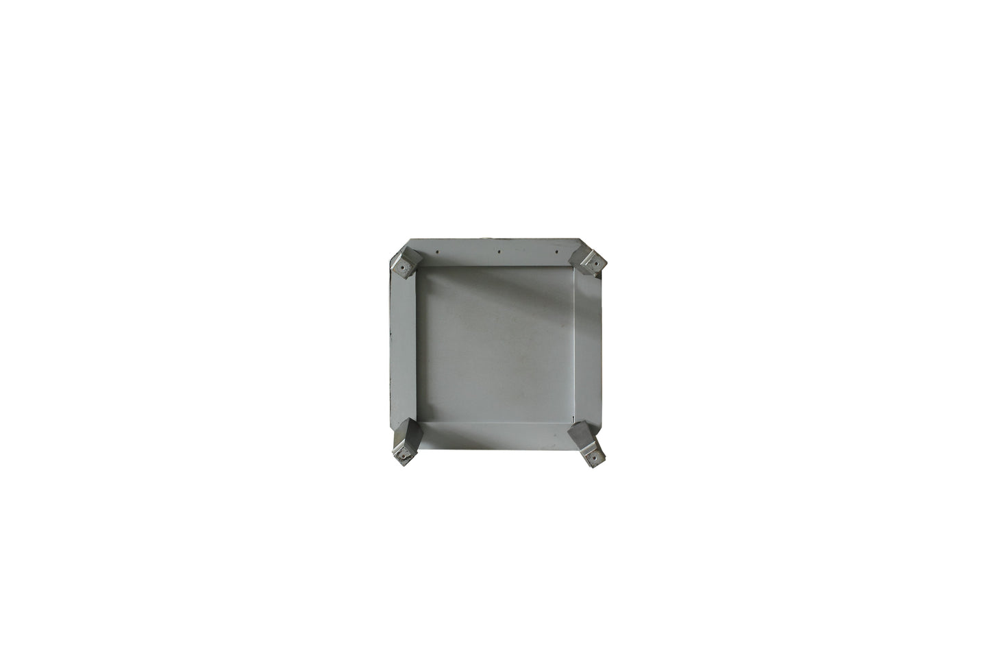 Gray metal industrial table leg with reinforced corner brackets