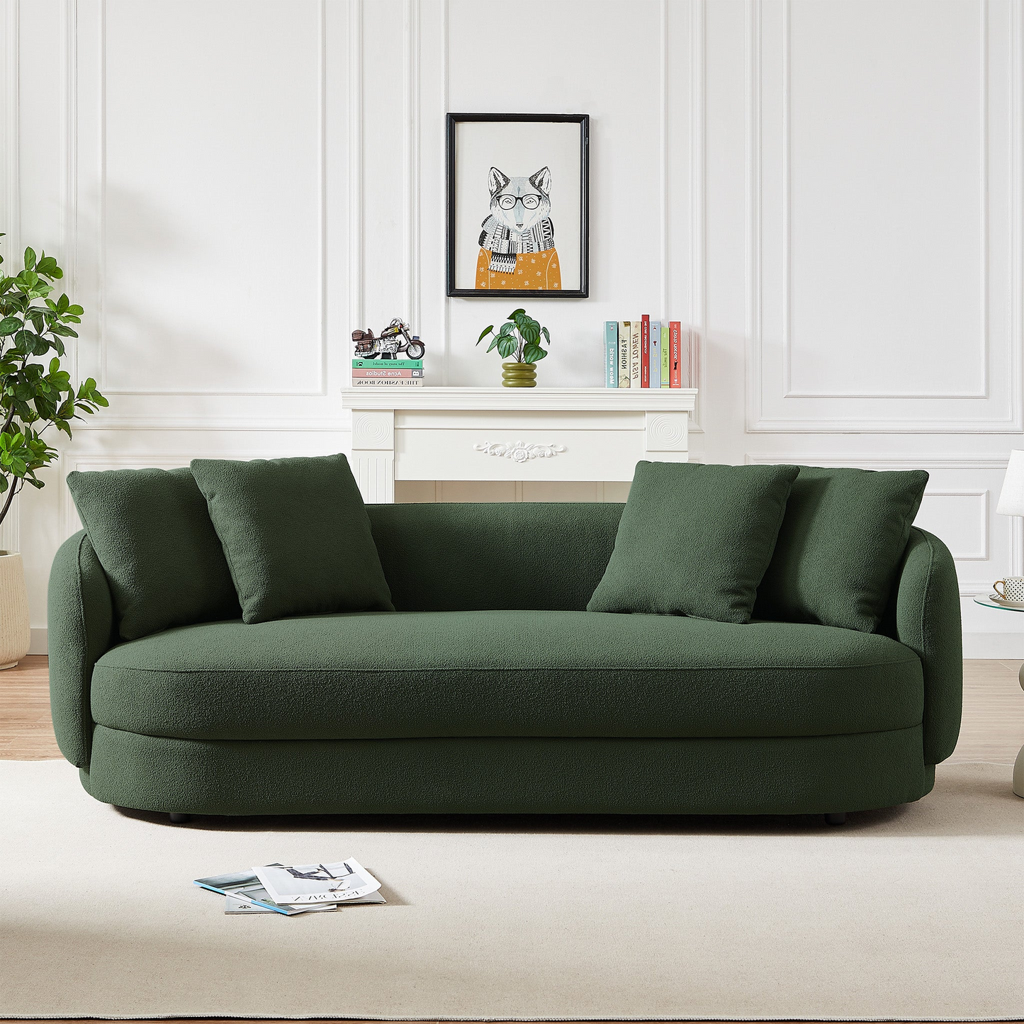 Dark green boucl fabric sofa with four plush cushions in a modern living room