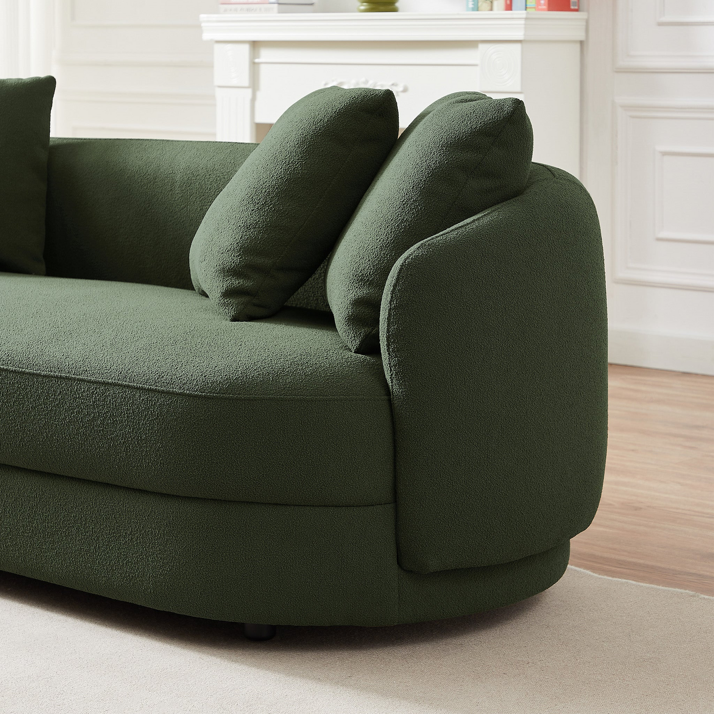 Deep green boucl fabric sofa with plush accent pillows modern design for living room comfort