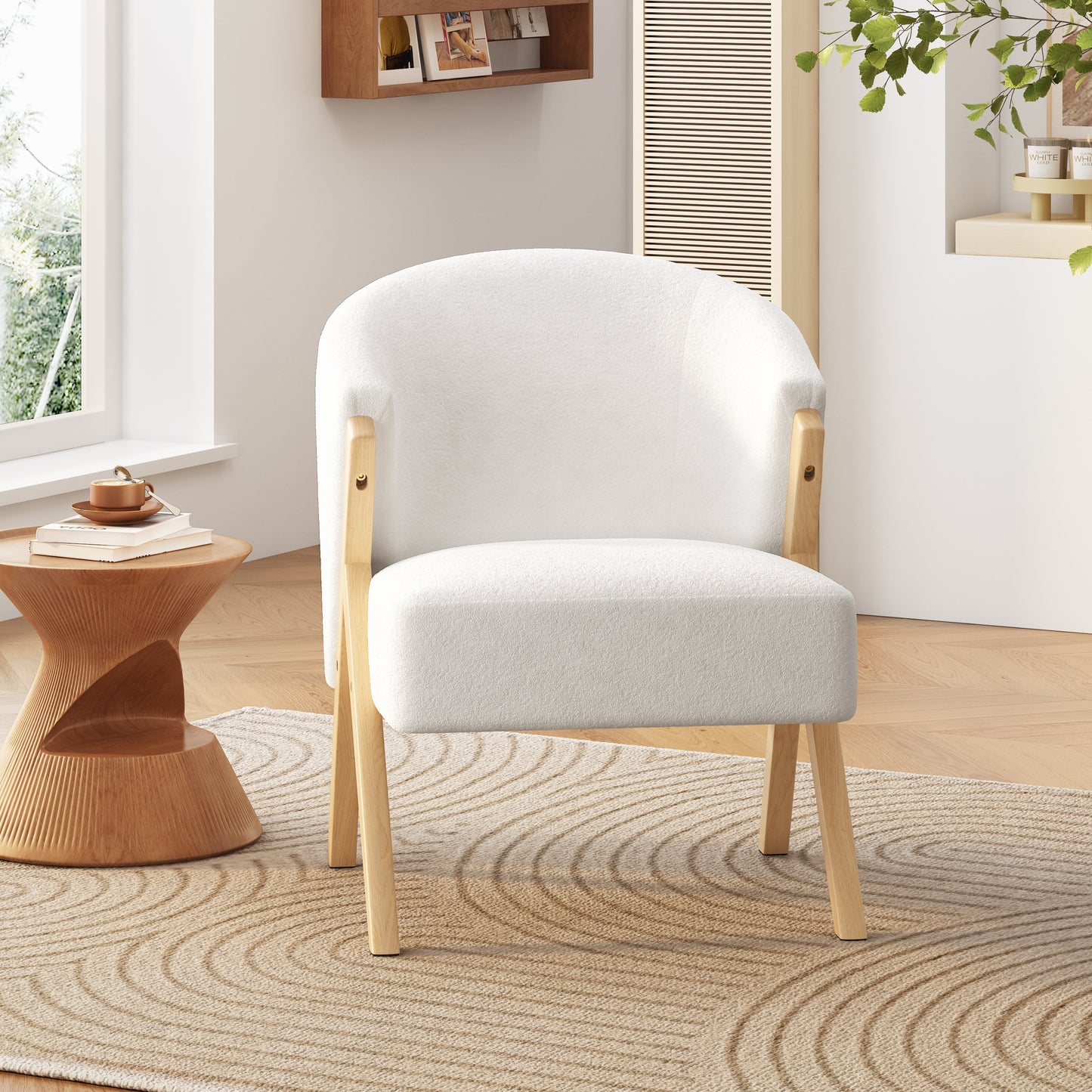 White boucle accent chair with light wood legs perfect for living rooms