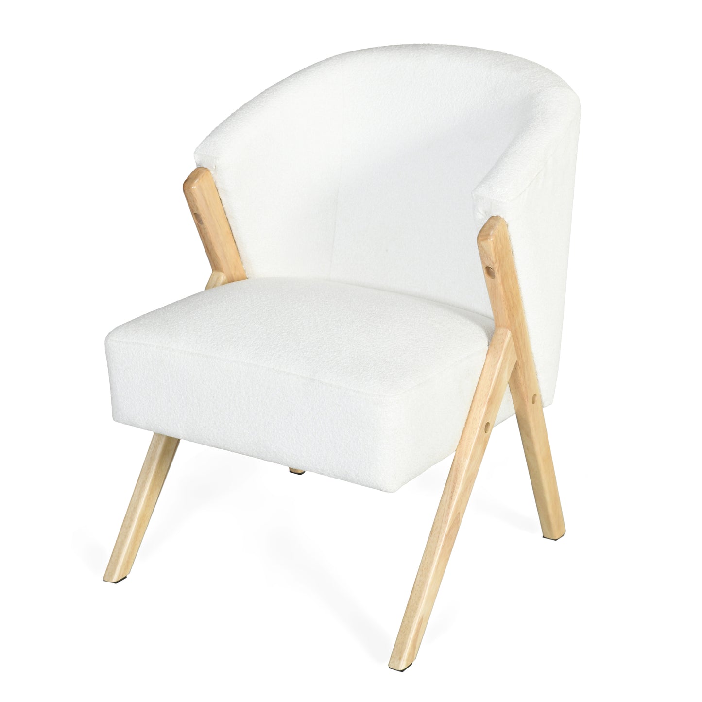 Cozy white boucl accent chair with light wood angled legs perfect for a modern living room