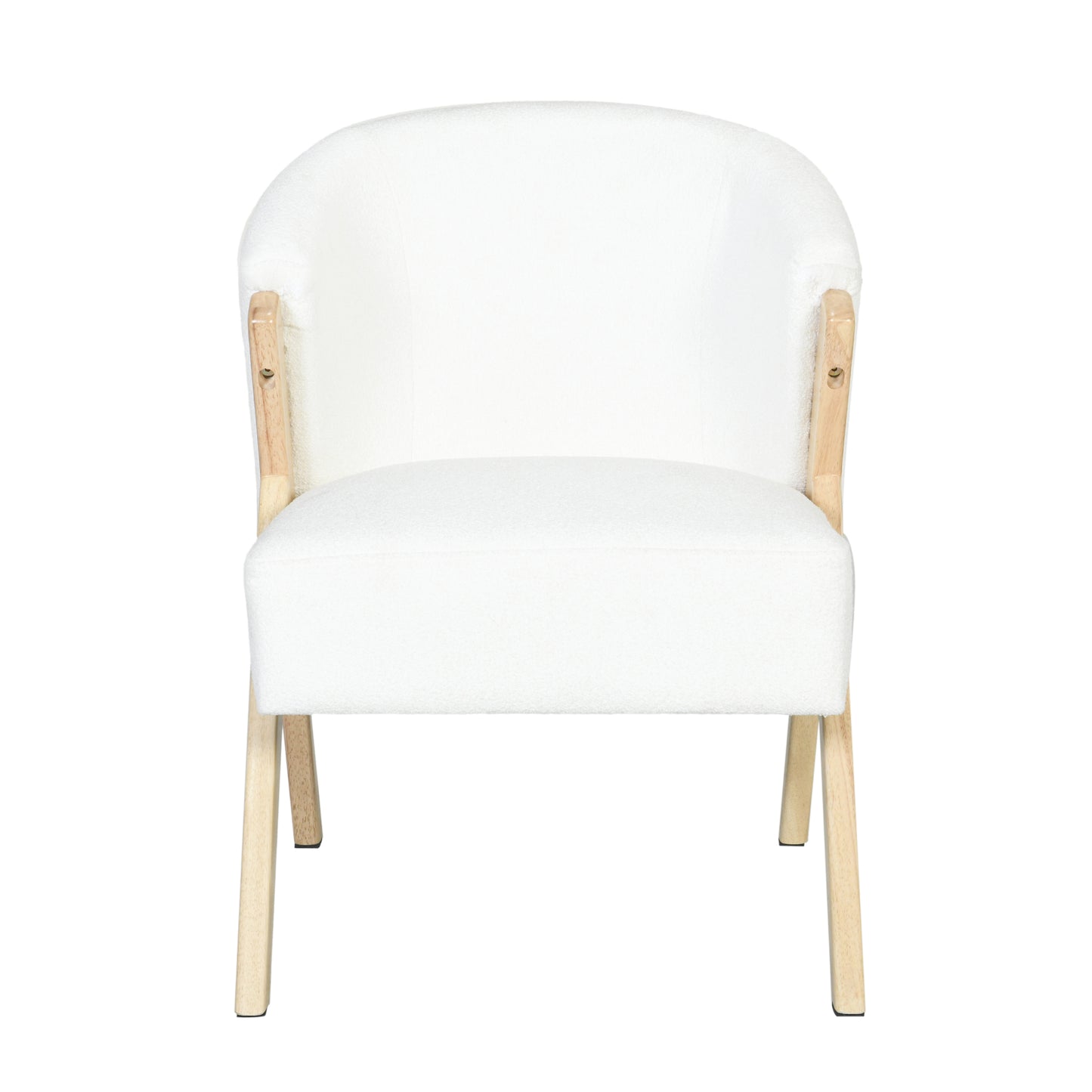 White boucle accent chair with curved back and light wood legs