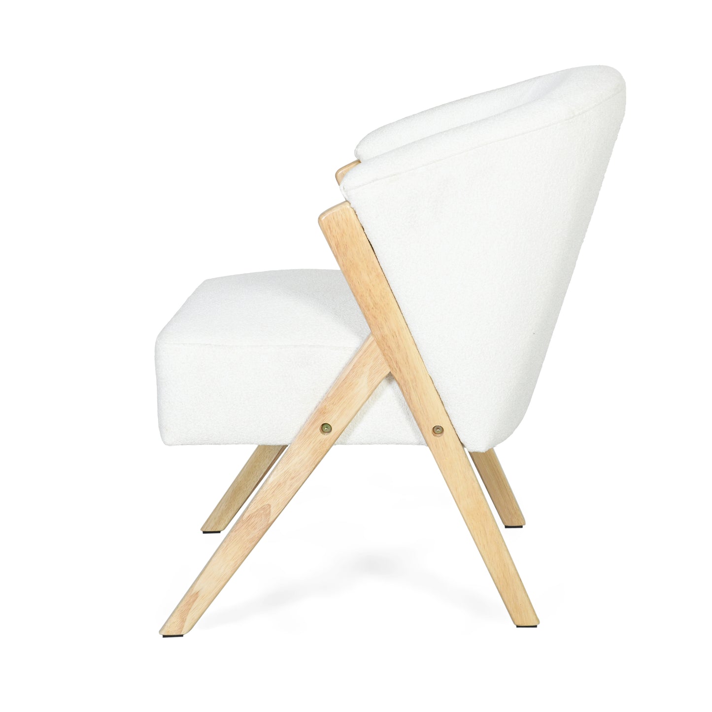 Side view of a white boucle armchair with natural wood legs