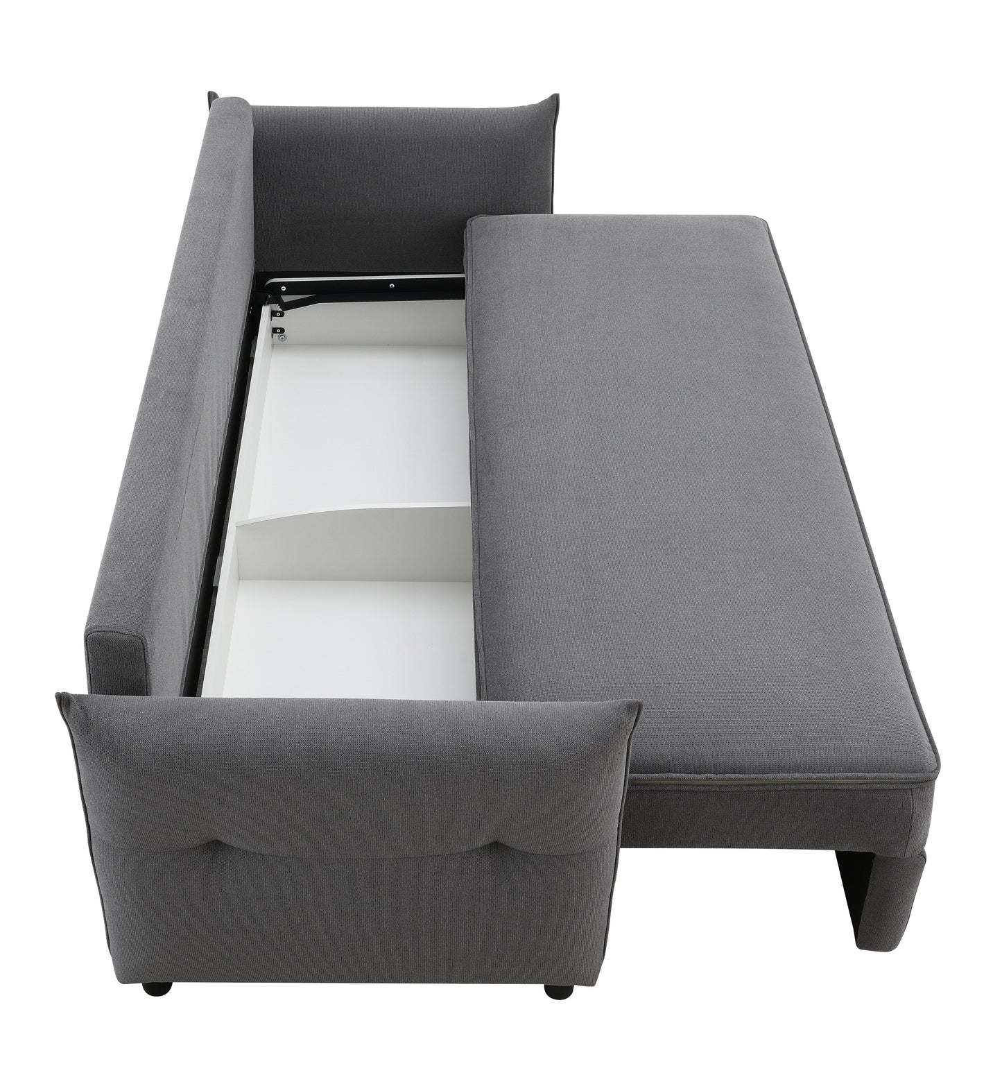 Dark grey fabric sofa bed with pullout storage compartment open perfect for small spaces