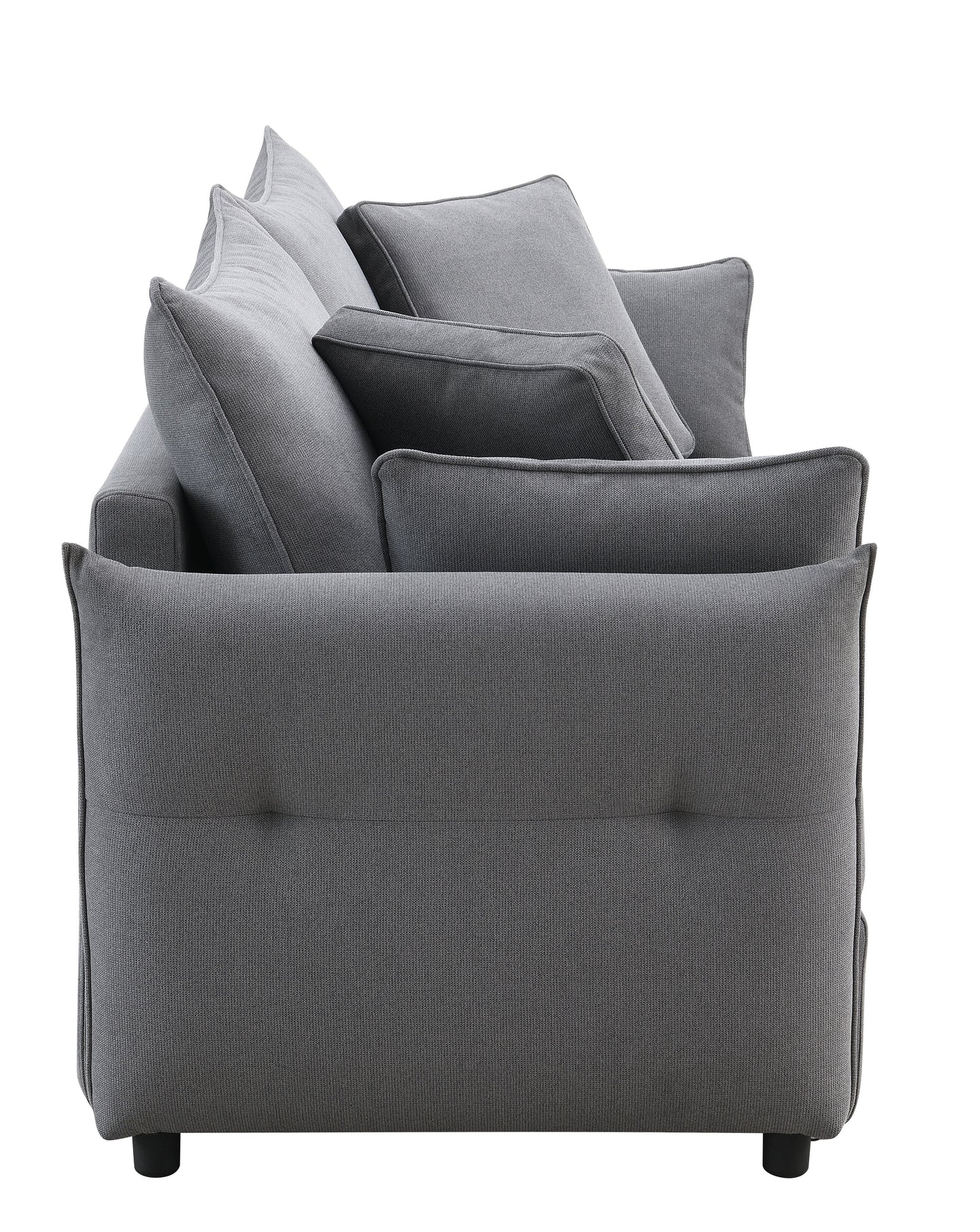 Plush grey fabric sofa with deep seating and accent pillows modern living room furniture
