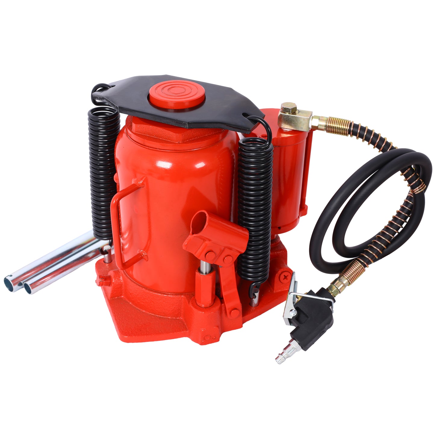 Heavyduty red air bottle jack with black coiled springs and silver lifting rods for automotive use