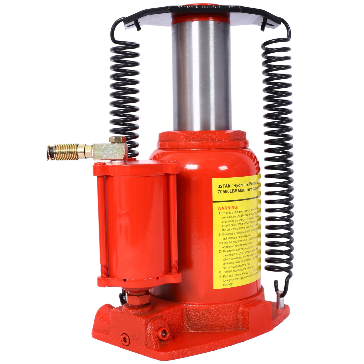 Red ton air hydraulic bottle jack with silver cylinder and black springs