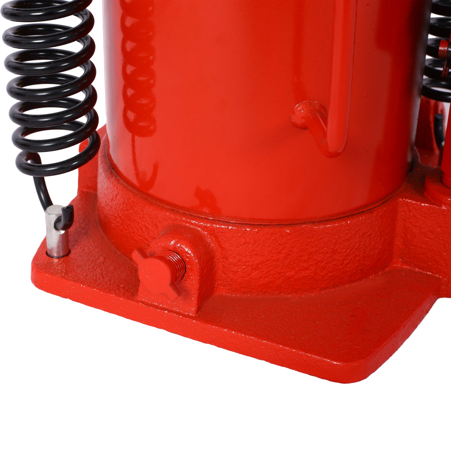 Red steel hydraulic jack base with black spring coils and a silver release valve
