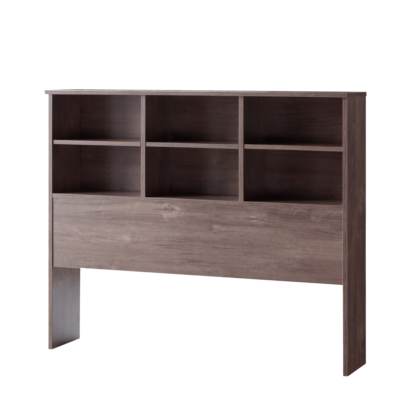 Modern taupe wooden bookcase headboard with six open shelves for bedside storage