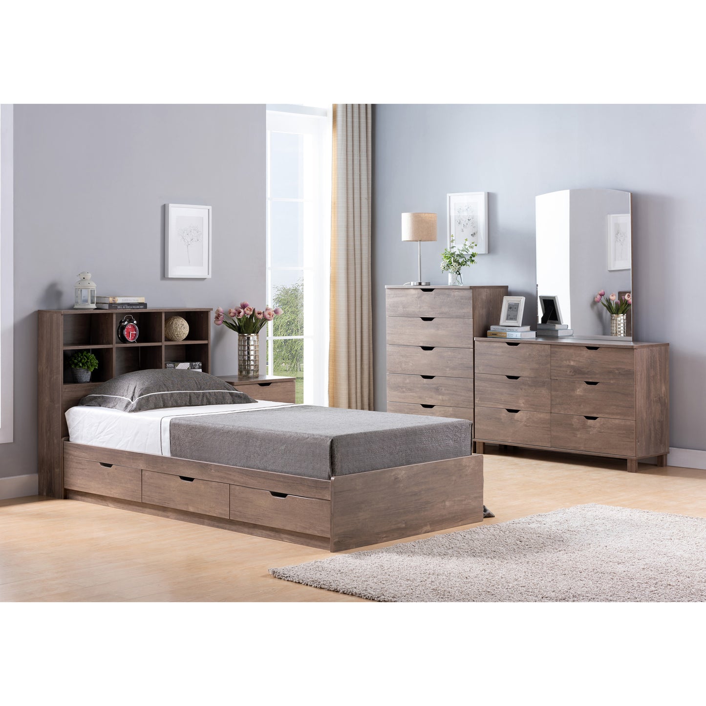 Taupe wooden twin bed with bookcase headboard and drawers